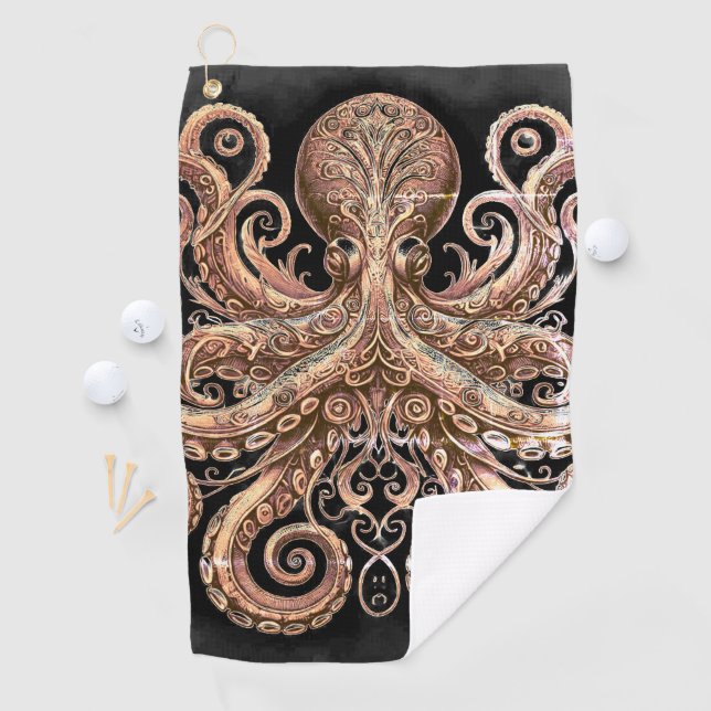 Serviette De Golf Kraken Steampunk Octopus Ornate Gold Noir (En situation)