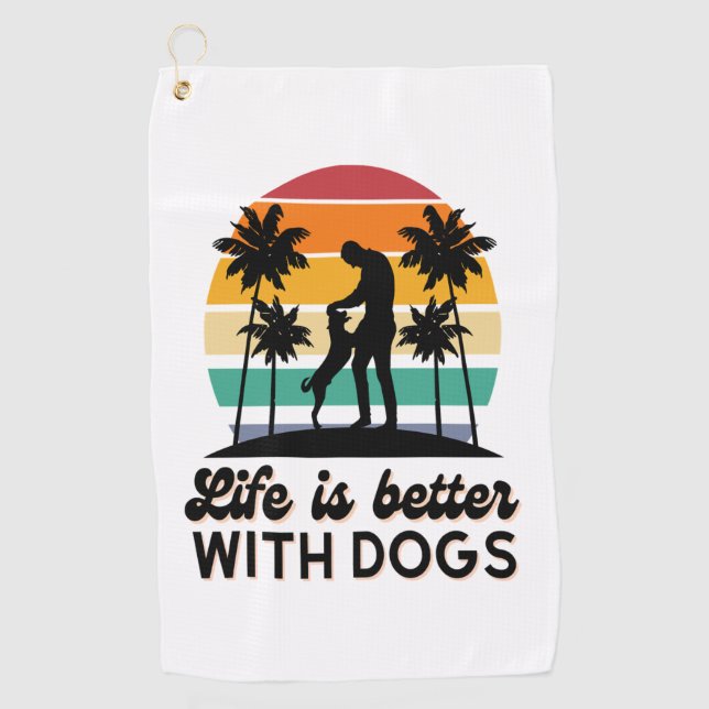 Serviette De Golf La vie est meilleure avec les chiens Retro Sunset  (Devant)