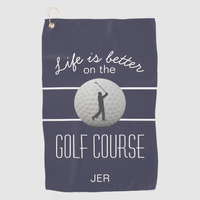 Serviette De Golf La vie est mieux Golf Citation Initiales Blue (Devant)