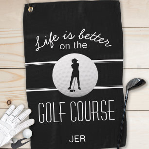 Serviette De Golf La vie est mieux Golfer Monogramme Noir & Blanc