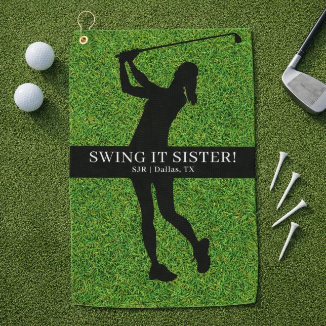 Serviette De Golf Lady Golfer Golf Green Silhouette Monogram (Personalize with Initials, City and State.  Edit caption too, if you wish.)