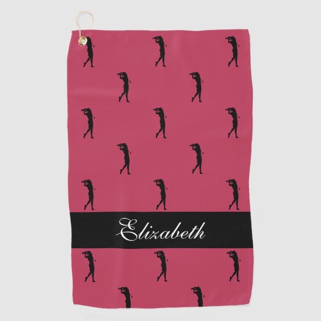Serviette De Golf Lady Golfer Nom Customisé Motif Magenta Black (Devant)
