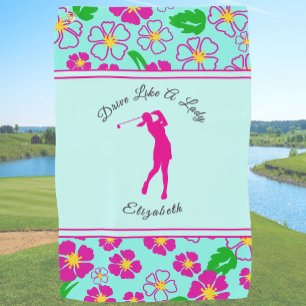 Serviette De Golf Lady Golfer Rose Floral Preppy Nom personnalisé Da
