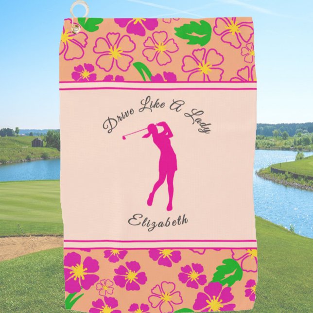 Serviette De Golf Lady Golfer Rose Orange Preppy Nom personnalisé Da (Créateur téléchargé)