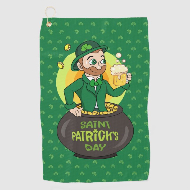 Serviette De Golf Leprechaun de dessin dans une casserole d'or tenan (Devant)