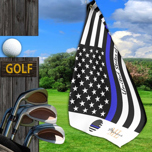Serviette De Golf Ligne Bleue Mince & Police, drapeau américain /Mon (Créateur téléchargé)