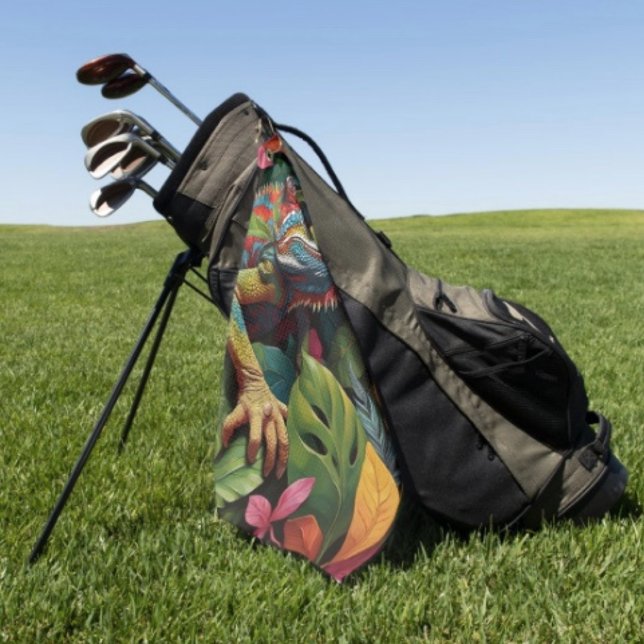 Serviette De Golf Lizard Leaves & Couleur  (Colourful Lizard Golf Towel  poly blend D: 16" x 24". Grommet brass plated hook. Machine washable.)