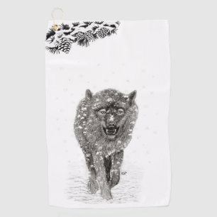 Serviette De Golf Loup noir en colère dans la neige, hiver sauvage