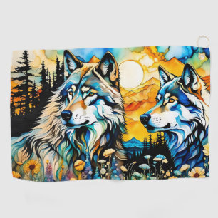 Serviette De Golf Loups gris et Fleurs sauvages