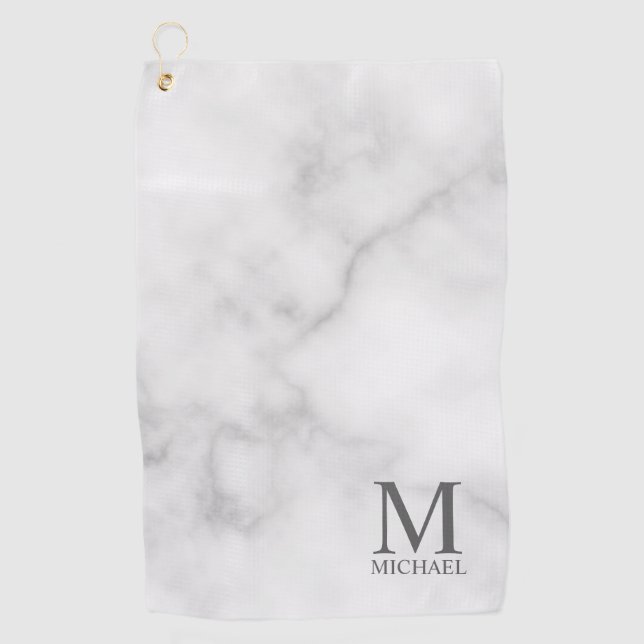 Serviette De Golf Marbre blanc Monogramme personnalisé et nom (Devant)