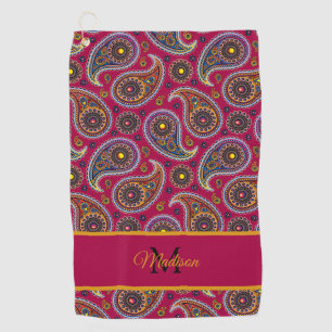 Serviette De Golf Mignonne Classic Paisley Rouge Jaune Monogramme