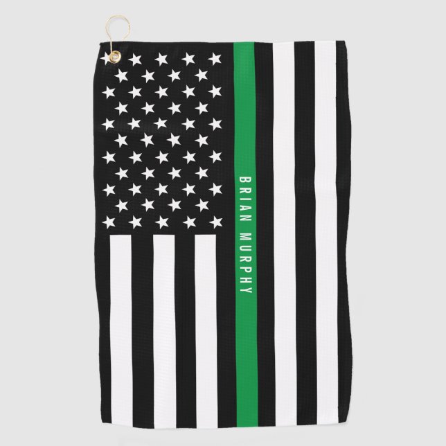 Serviette De Golf Mince ligne verte Drapeau américain Monogramme (Devant)