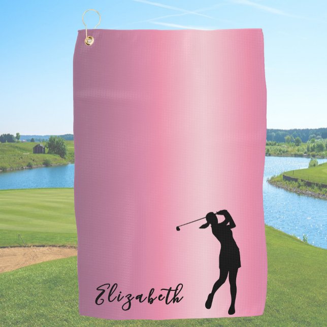 Serviette De Golf Modern Pink Metallic Look Lady Golfer Custom Name (Créateur téléchargé)