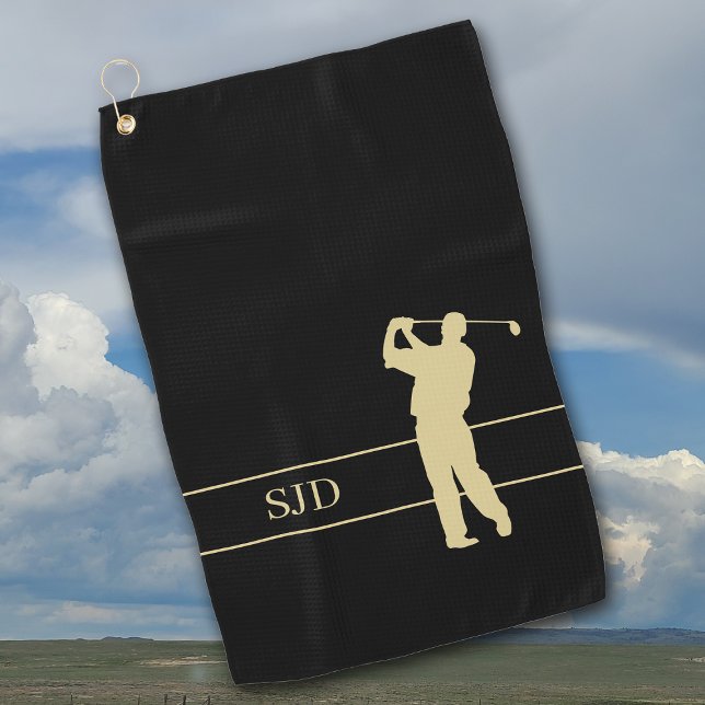 Serviette De Golf Monogram Gold Golfer on Black (Créateur téléchargé)