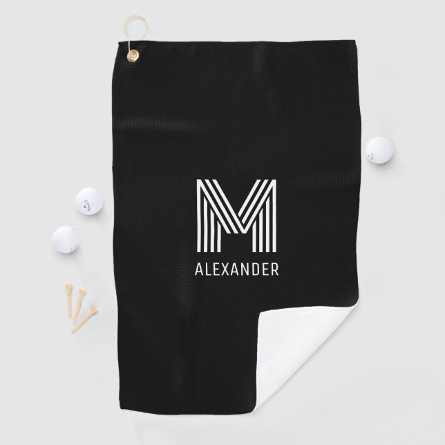 Serviette De Golf Monogramme à bandes multiples en noir et blanc (En situation)