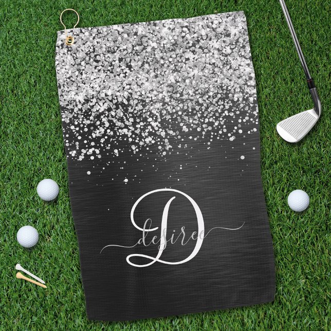 Serviette De Golf Monogramme à étincelle noire à Parties scintillant (Créateur téléchargé)