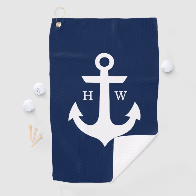 Serviette De Golf Monogramme Ancre bleu et blanc de la Marine (En situation)