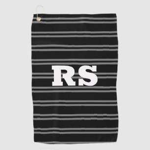 Serviette De Golf Monogramme blanc gras, lignes grises sur noir