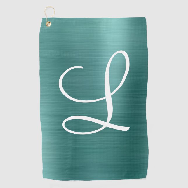 Serviette De Golf Monogramme blanc Turquoise en métal brossé chic (Devant)