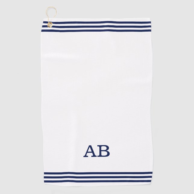 Serviette De Golf Monogramme bleu et trois bandes sur blanc (Devant)
