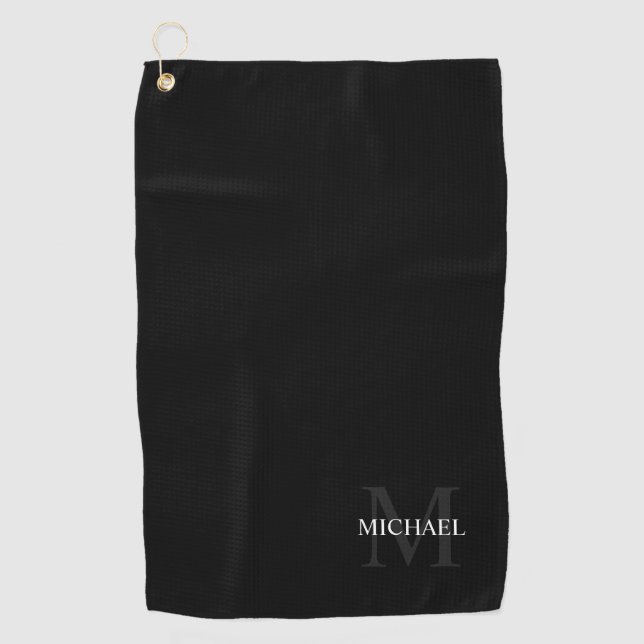 Serviette De Golf Monogramme classique personnalisé et nom noir (Devant)