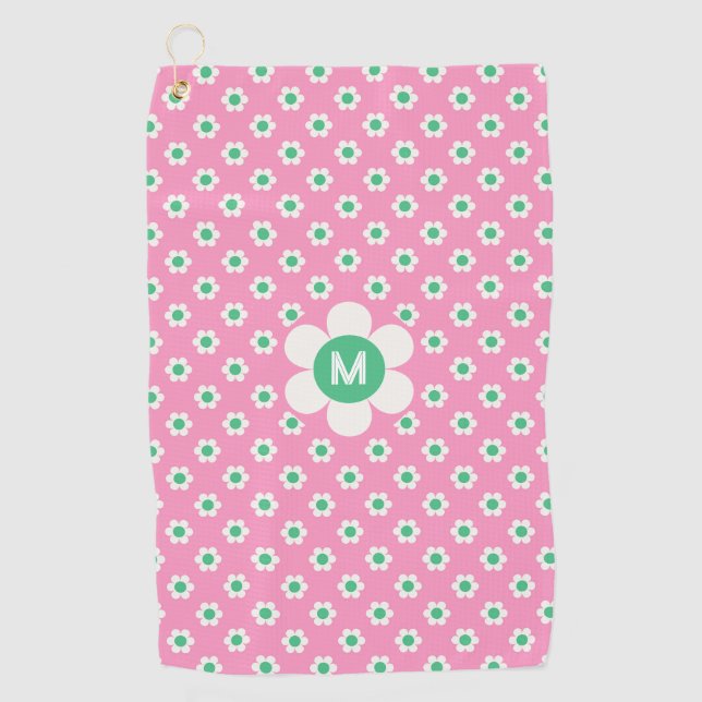 Serviette De Golf Monogramme Custom Retro Daisies Rose et Vert Golf (Devant)