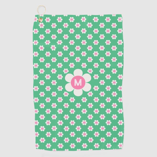 Serviette De Golf Monogramme Custom Retro Daisis rose et vert (Devant)