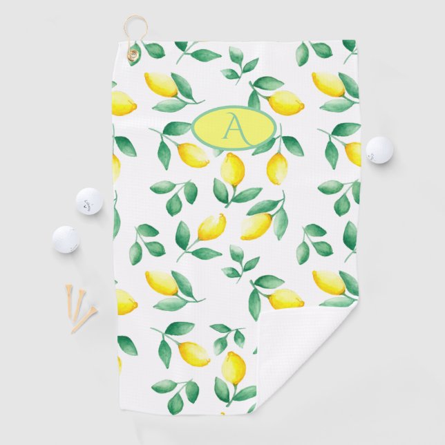 Serviette De Golf Monogramme d'aquarelle jaune citrons (En situation)