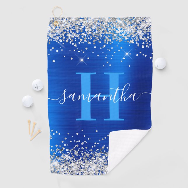 Serviette De Golf Monogramme d'argent de la Glitterie et Royal Blue  (En situation)