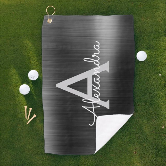 Serviette De Golf Monogramme de huile métallique noire moderne Nom (Créateur téléchargé)