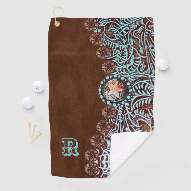 Serviette De Golf monogramme de motif de l'ouest turquoise brun (En situation)
