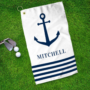 Serviette De Golf Monogramme de nom à rayure d'ancre blanche nautiqu