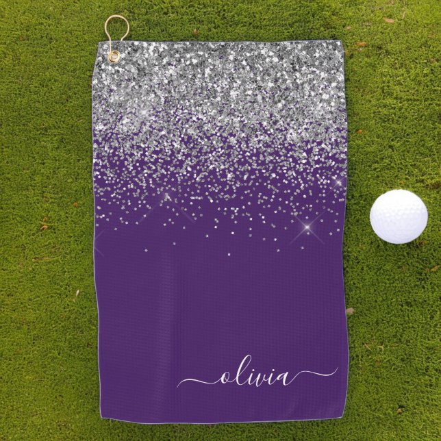 Serviette De Golf Monogramme de Parties scintillant d'argent violet (Créateur téléchargé)