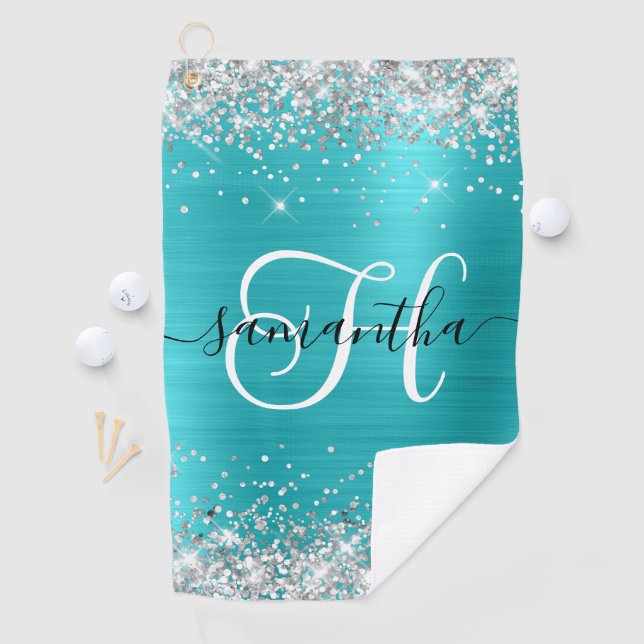 Serviette De Golf Monogramme en argent et bleu turquoise (En situation)