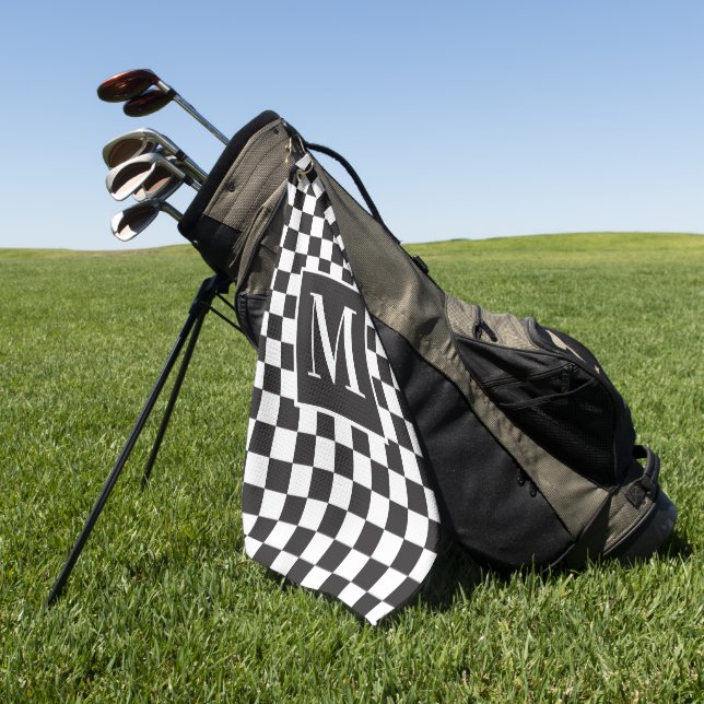 Serviette De Golf Monogramme en damier noir et blanc (Vert)
