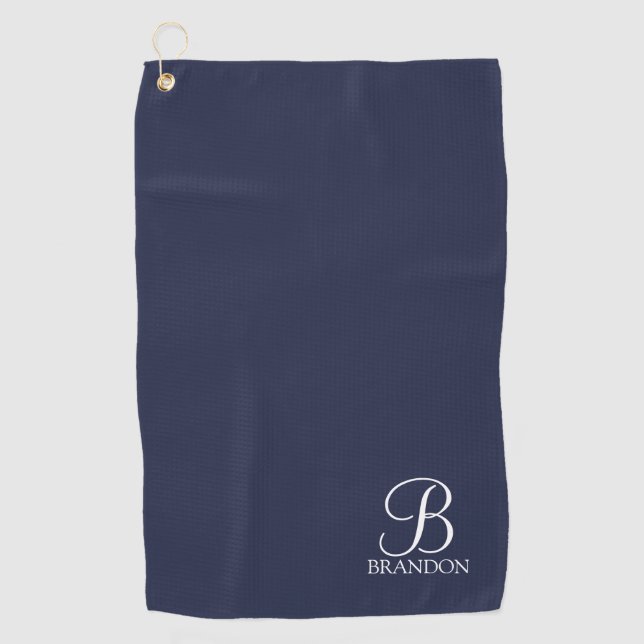 Serviette De Golf Monogramme et nom de script personnalisé bleu mari (Devant)