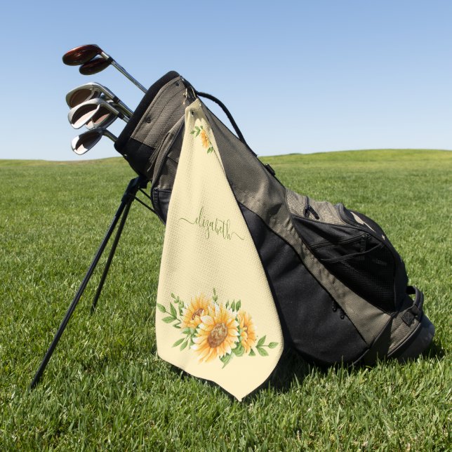 Serviette De Golf Monogramme Fleurs de soleil Jaune Vert Floral Fleu (Vert)