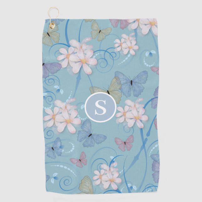 Serviette De Golf Monogramme floral papillon bleu (Devant)