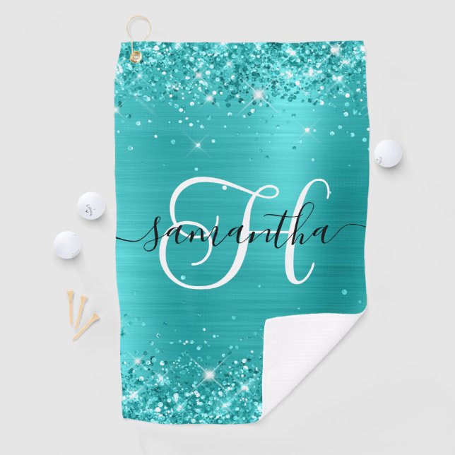 Serviette De Golf Monogramme glamme bleu turquoise (En situation)