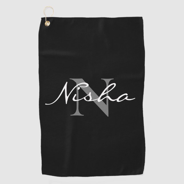 Serviette De Golf Monogramme gris blanc personnalisé Noir (Devant)