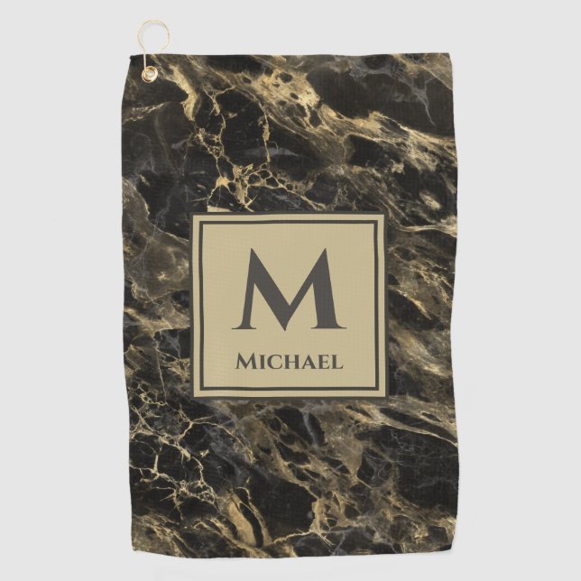 Serviette De Golf Monogramme Marbre noir et or de luxe (Devant)