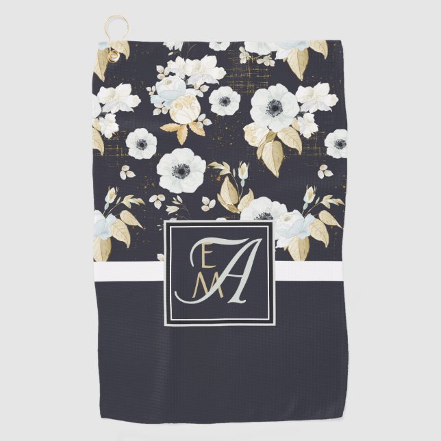 Serviette De Golf Monogramme Marine Bleu Blanc Floral Décor Anémone (Devant)