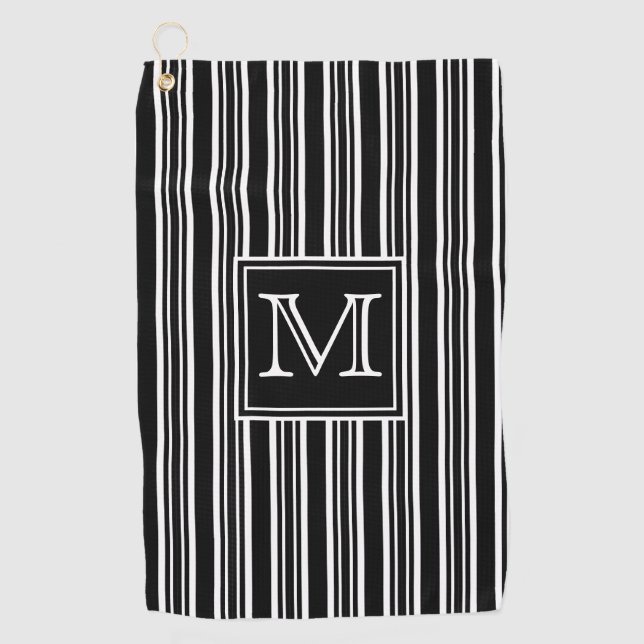 Serviette De Golf Monogramme | Moderne Elegant noir et blanc rayures (Devant)