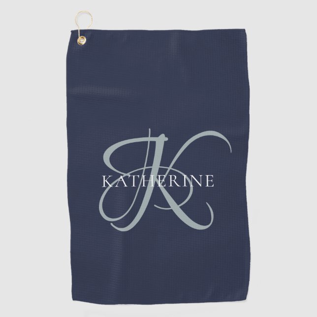 Serviette De Golf Monogramme moderne élégant Script Marine Bleu (Devant)