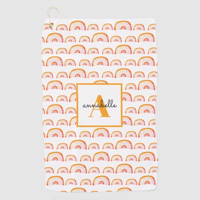 Serviette De Golf Monogramme Moderne Orange Aquarelle Rainbow (Devant)