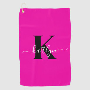 Serviette De Golf Monogramme moderne rose noir écriture script