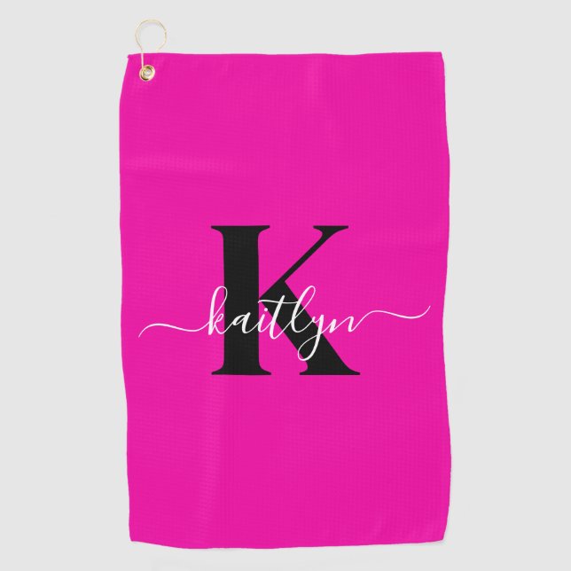 Serviette De Golf Monogramme moderne rose noir écriture script (Devant)