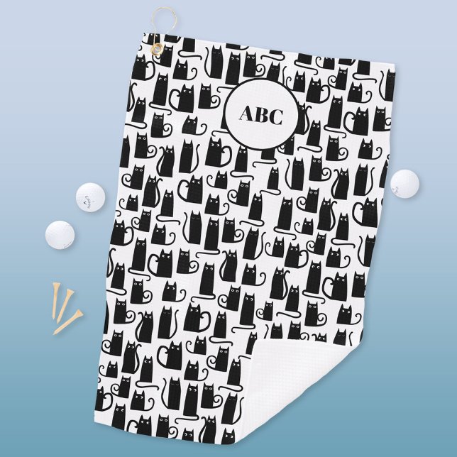 Serviette De Golf Monogramme Motif de chat noir (Fun black cat pattern personalized monogram initials golf towel)