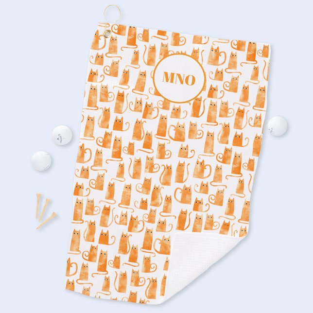 Serviette De Golf Monogramme Motif de chat orange (Fun Orange Ginger Cat pattern monogram initial golf towel for animal lovers)