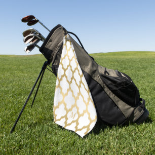 Serviette De Golf Monogramme Motif Quatrefoil or et blanc